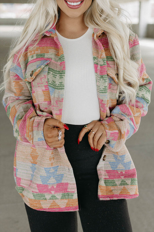 Multicolor Aztec Print Plus Size Flap Pockets Jacket