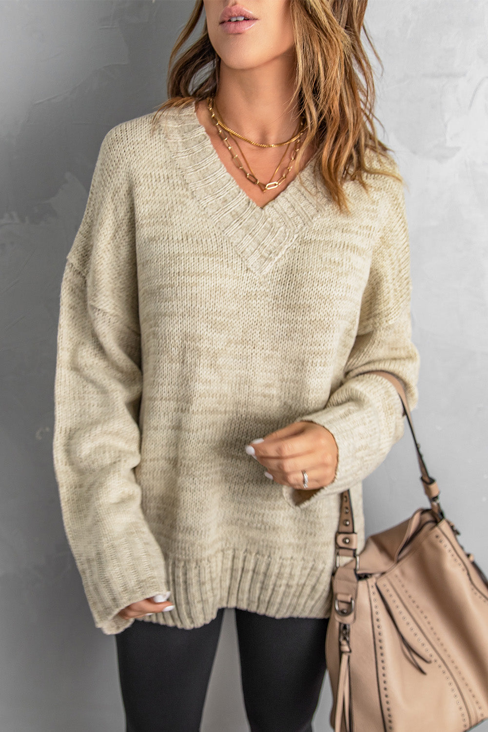 White V Neck Drop Shoulder Knitted Sweater