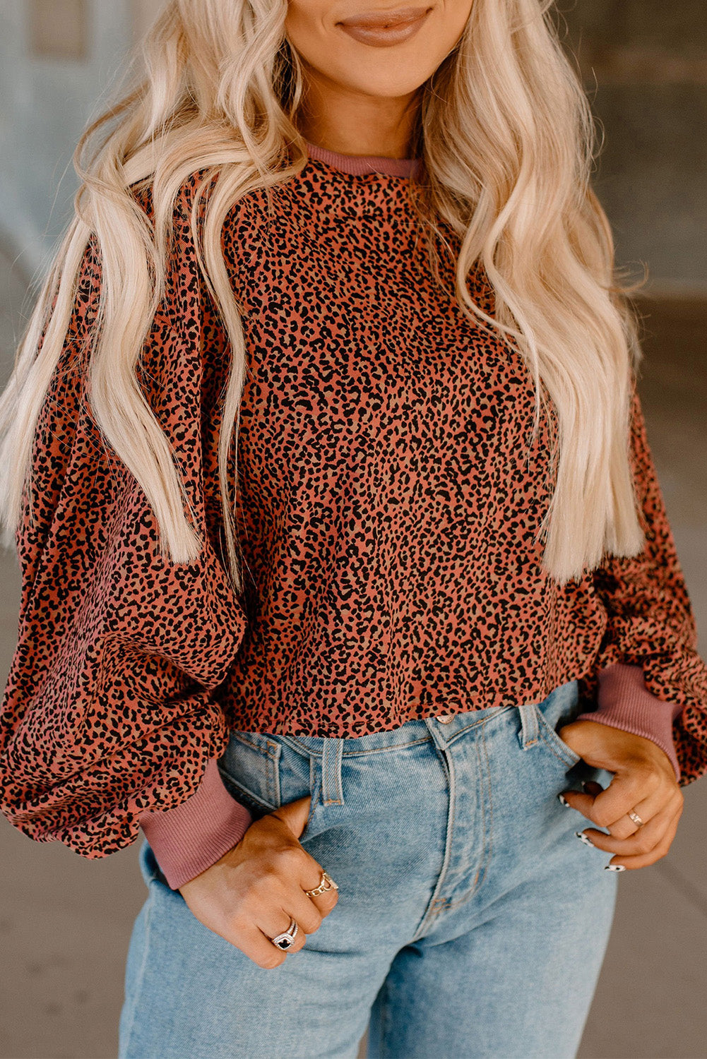 Red Vintage Leopard Bubble Sleeve Pullover Sweatshirt