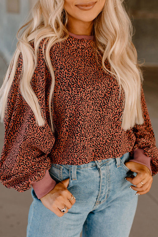 Red Vintage Leopard Bubble Sleeve Pullover Sweatshirt