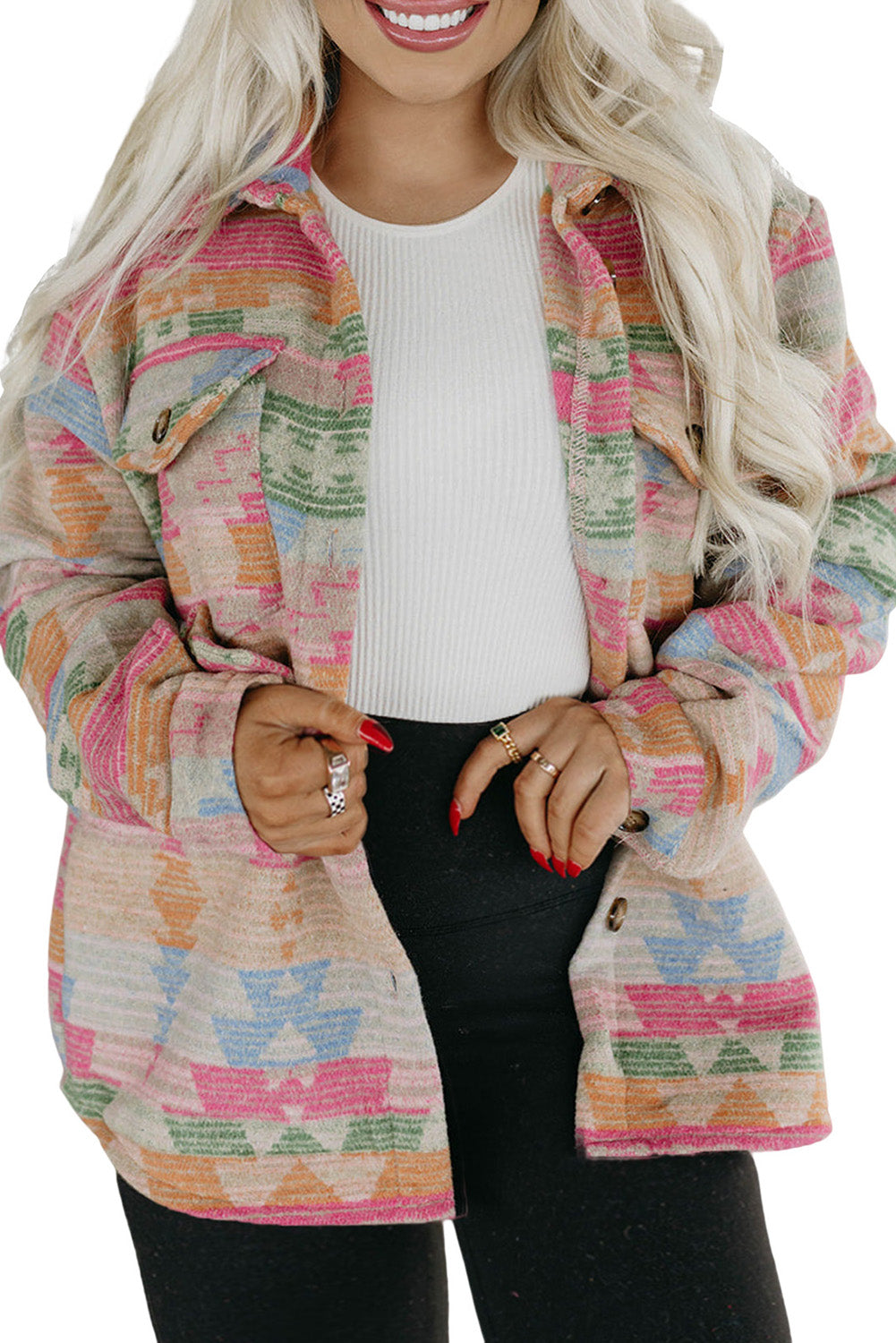 Multicolor Aztec Print Plus Size Flap Pockets Jacket