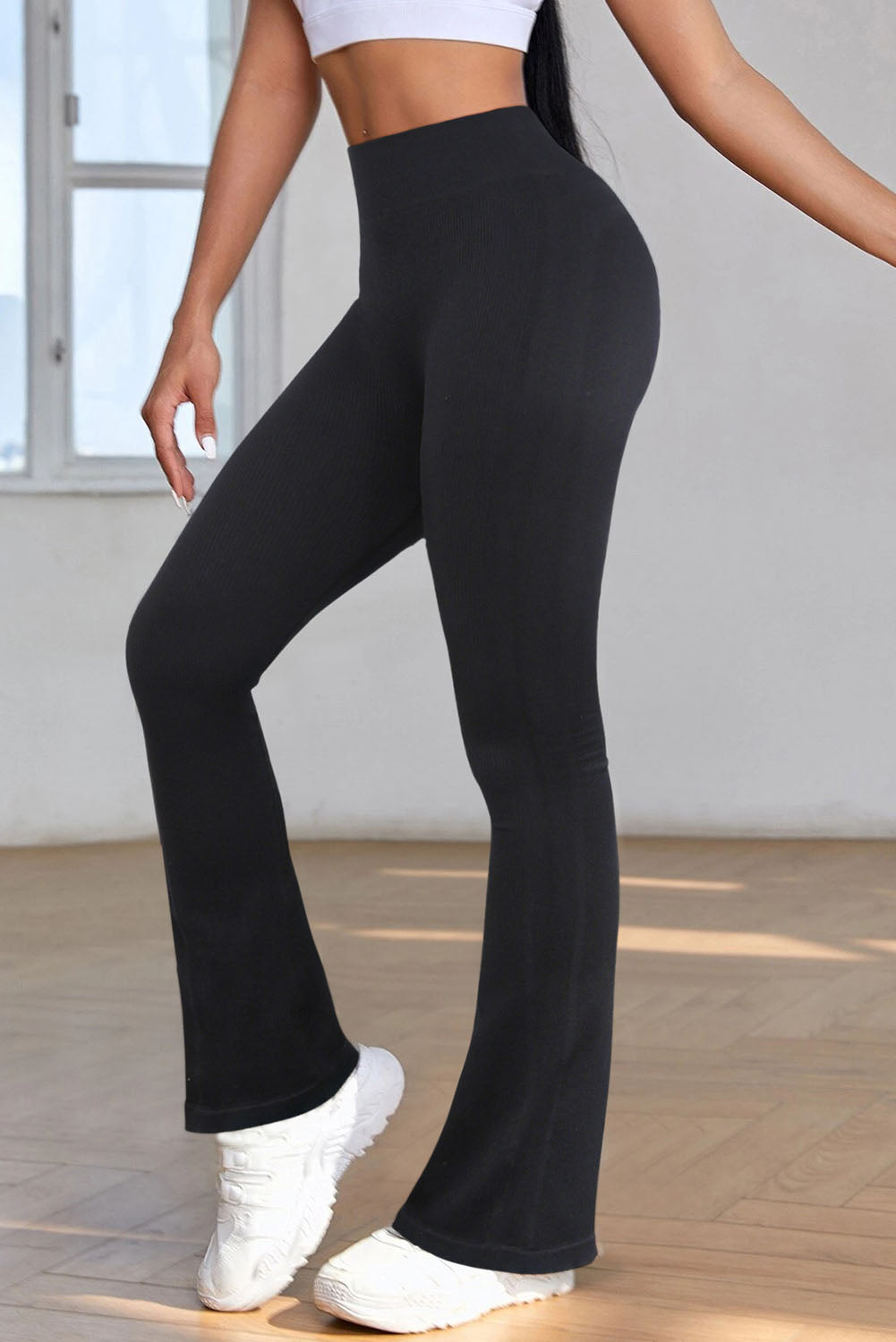 Black Basic Tummy Control High Waisted Flared Sports Pants