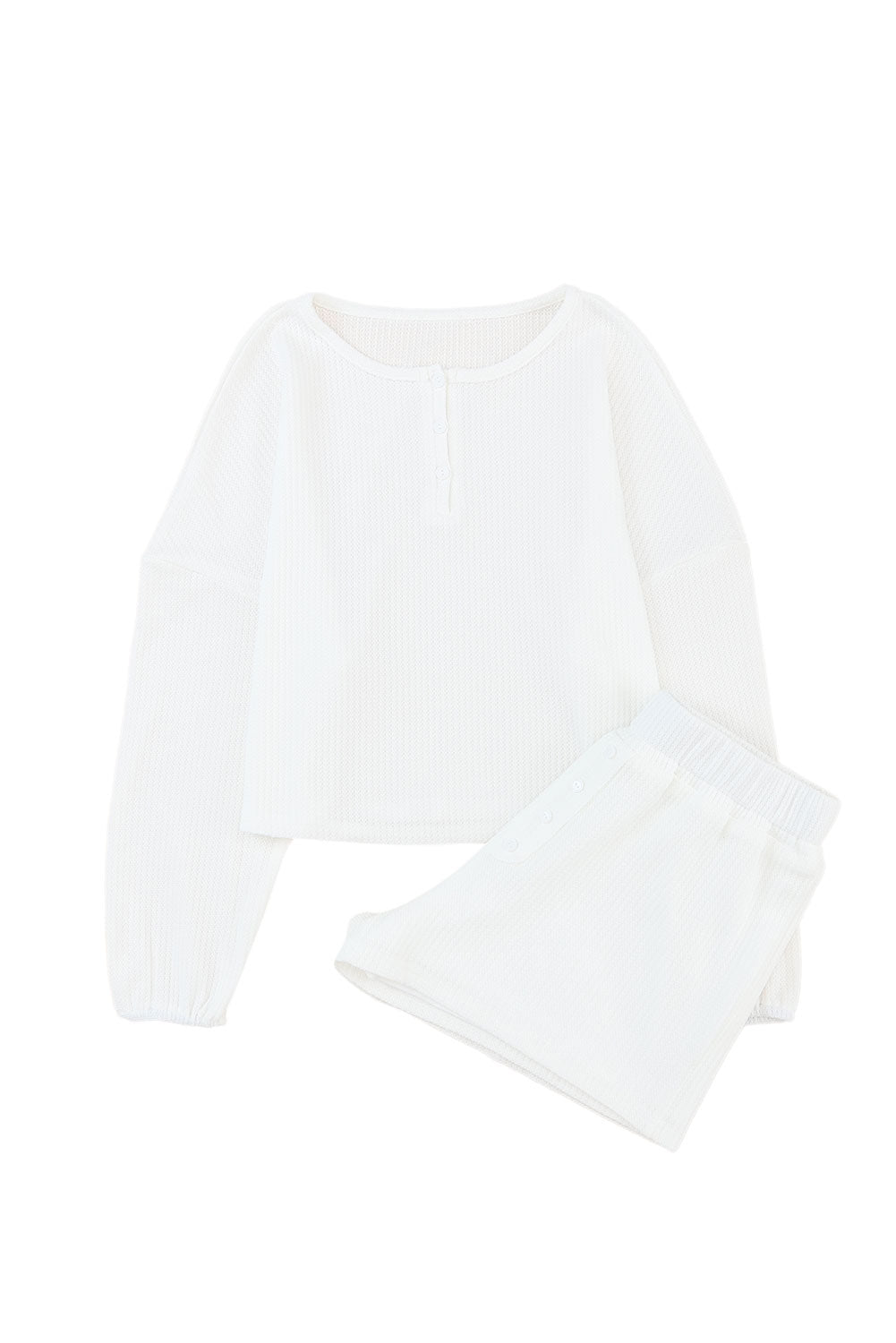 White Waffle Knit Buttoned Long Sleeve Crop & Shorts Lounge Set