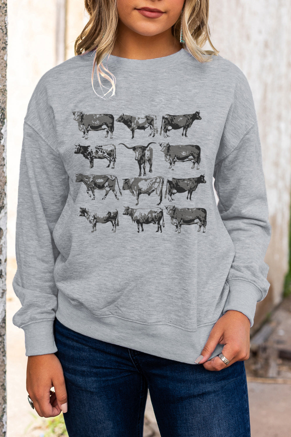 Grey Western Bull Print Graphic Long Sleeve Sweatshirt