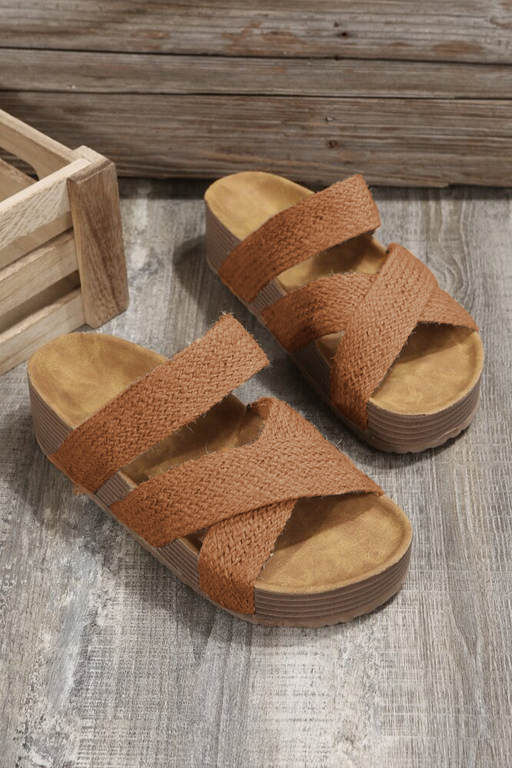 Beige Woven Criss Cross Strap Platform Slip-on Sandals