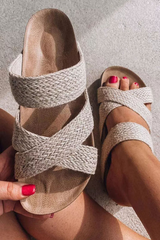 Beige Woven Criss Cross Strap Platform Slip-on Sandals