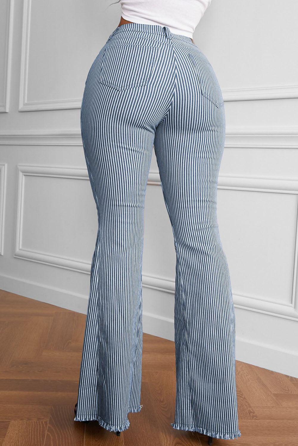 Light Blue Stripe Casual Mid Waist Bell Pants