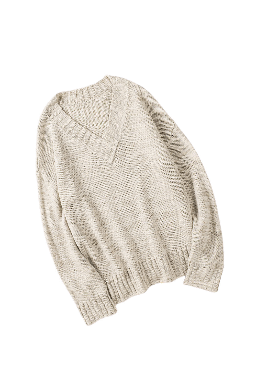 White V Neck Drop Shoulder Knitted Sweater