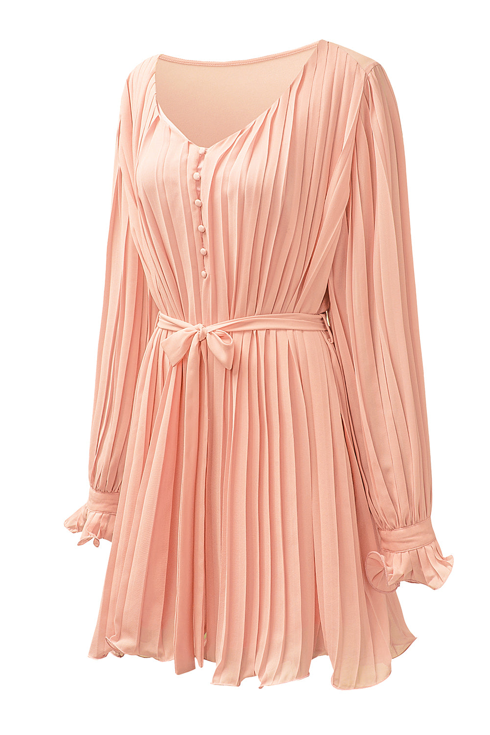 Pink Casual Pleated Ruffle Tie Waist Buttons V Neck Romper