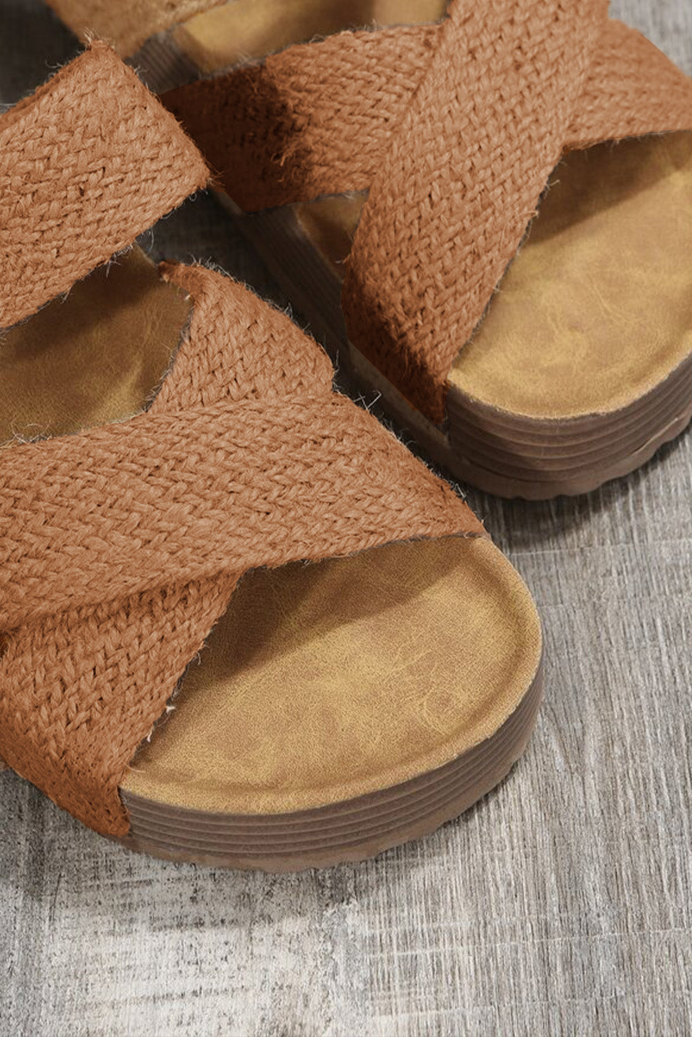 Beige Woven Criss Cross Strap Platform Slip-on Sandals