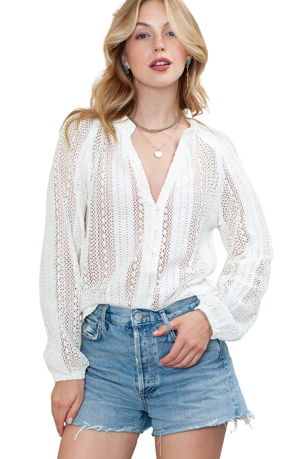 White Notch Neck Button Down Raglan Sleeve Crochet Top