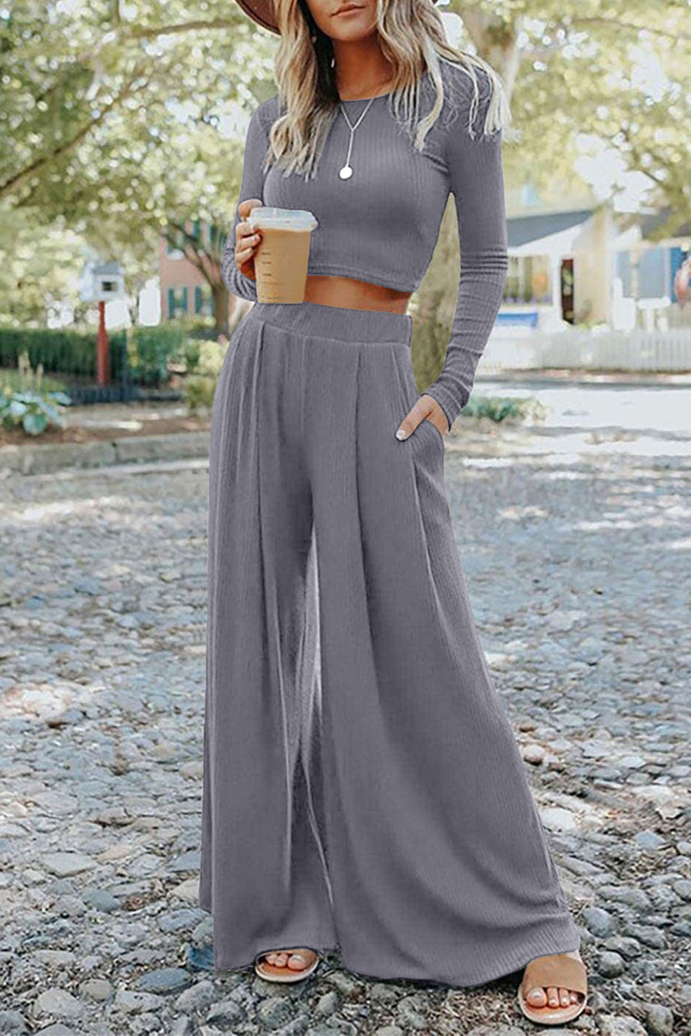 Black Plain Ribbed Crop Top & Wide Leg Pants Two Piece Pants Set