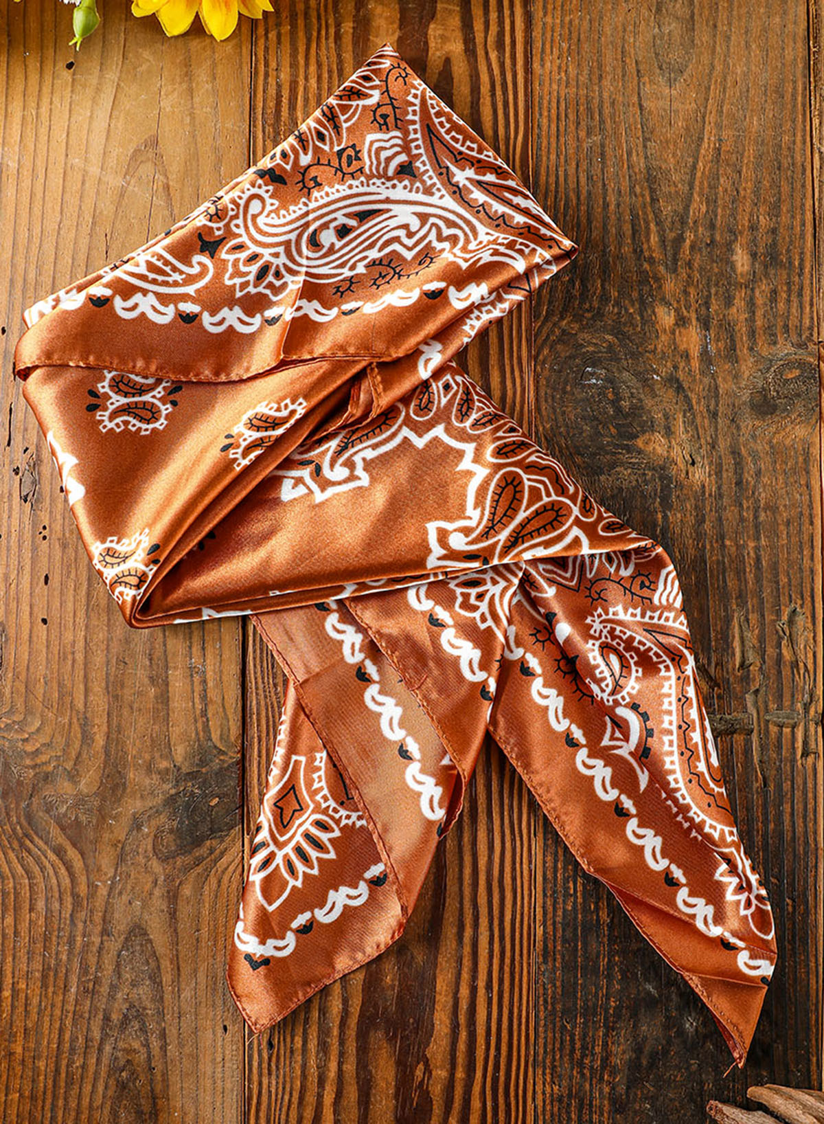 Gold Flame Vintage Satin Flower Print Square Scarf