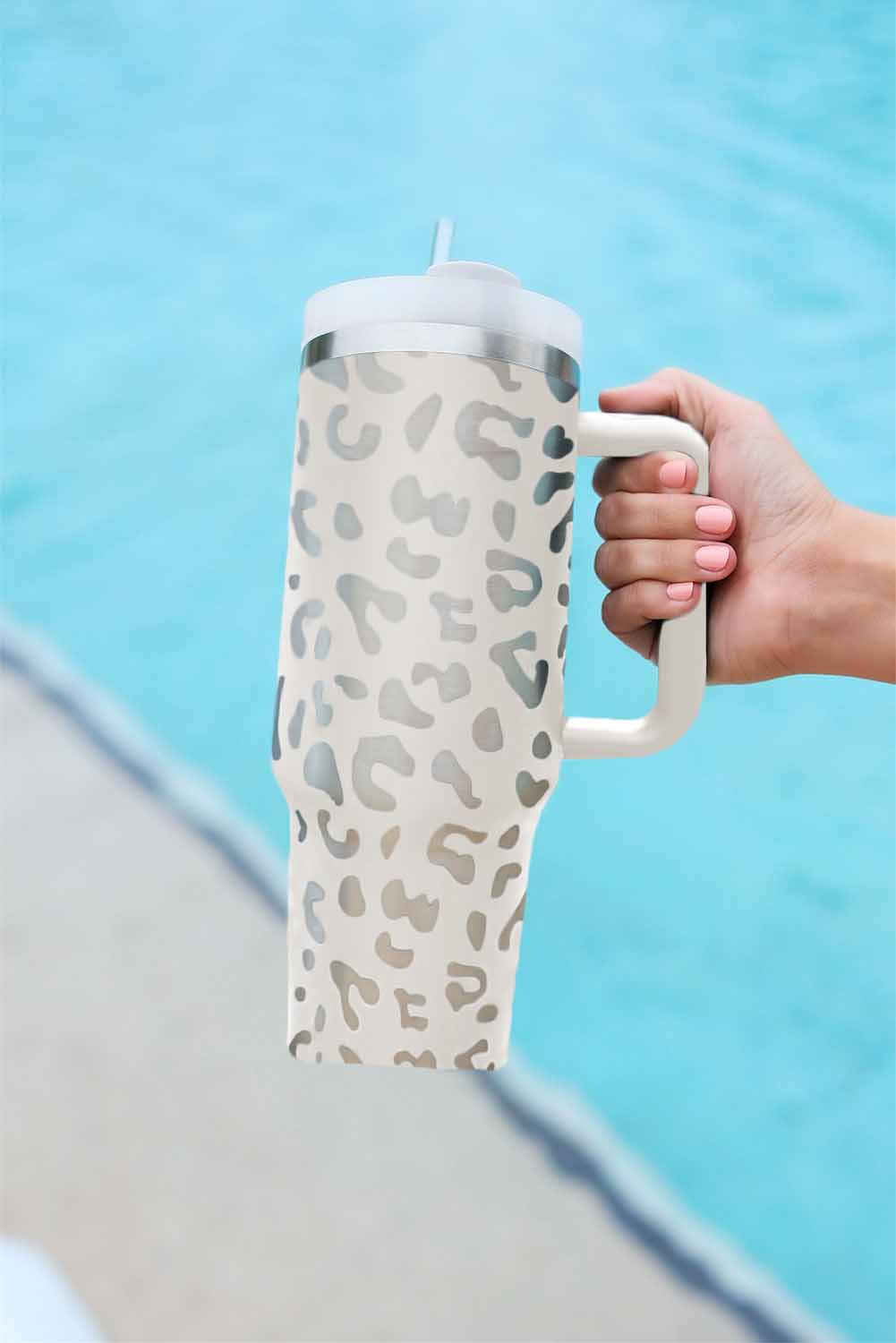 White 40oz Stainless Steel Portable Leopard Tumbler Mug With Handle