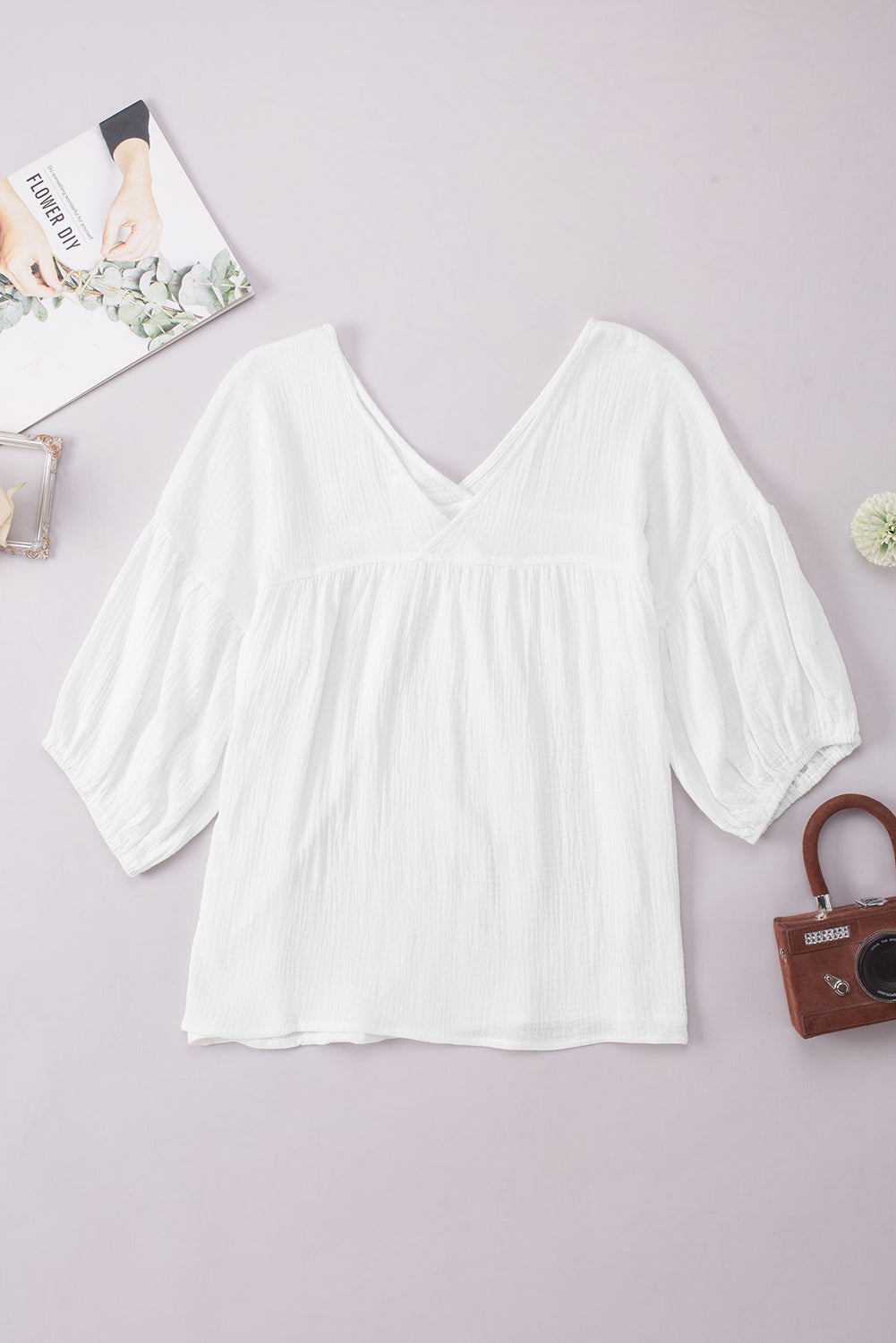 White Basic Gauze Cotton V Neck Top for Women