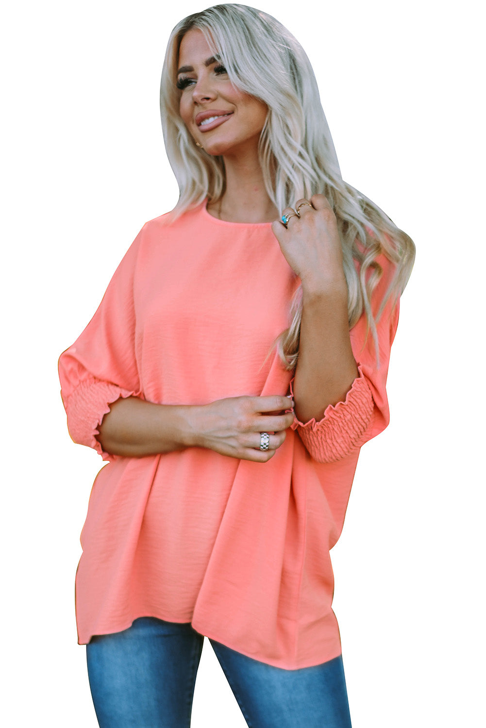 Apricot Solid Casual Smocked Cuffs Batwing Sleeve Blouse