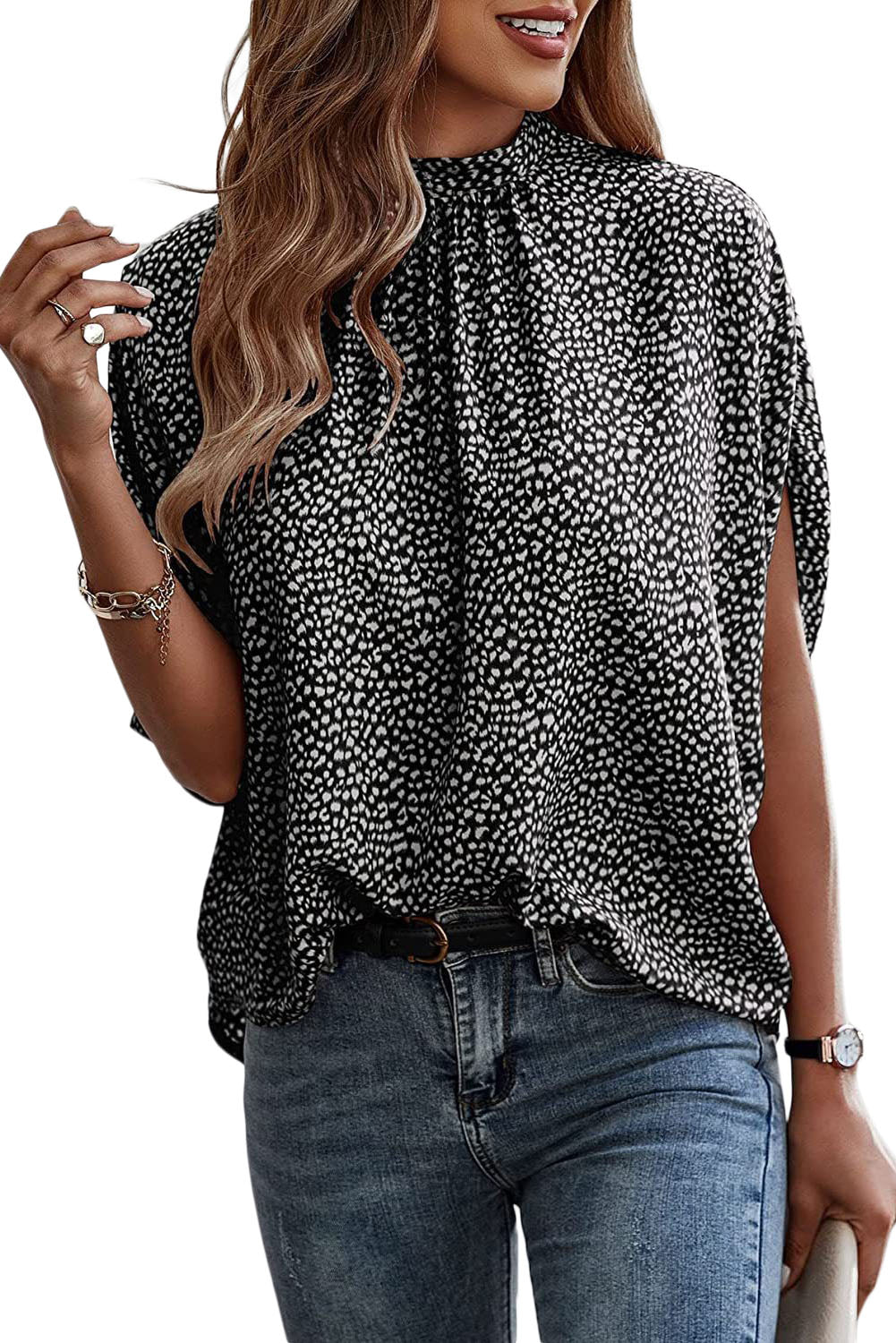 Leopard Knot Stand Neck Tunic Short Sleeve Blouse