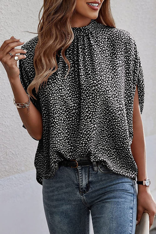 Leopard Knot Stand Neck Tunic Short Sleeve Blouse