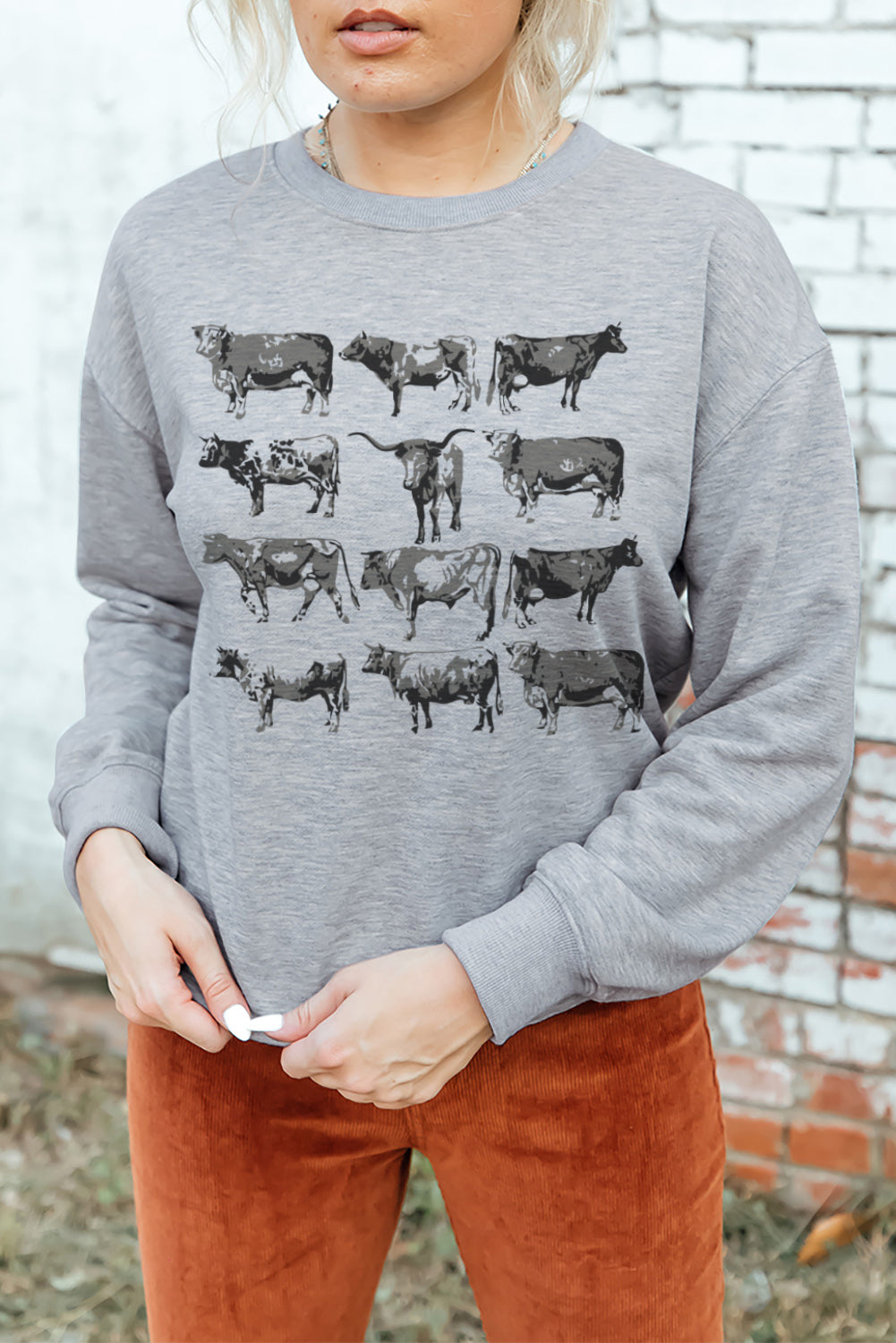 Grey Western Bull Print Graphic Long Sleeve Sweatshirt