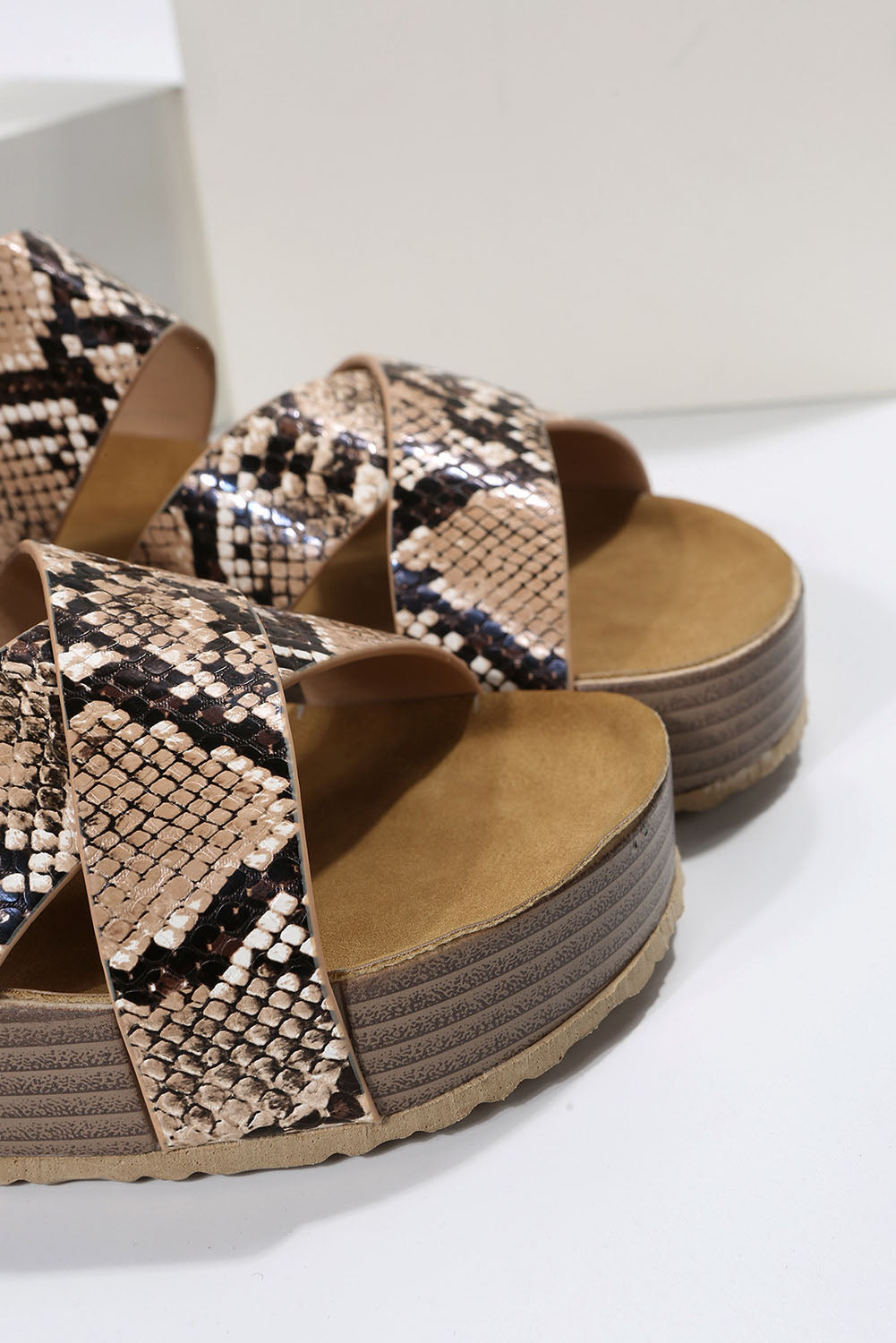 Beige Woven Criss Cross Strap Platform Slip-on Sandals