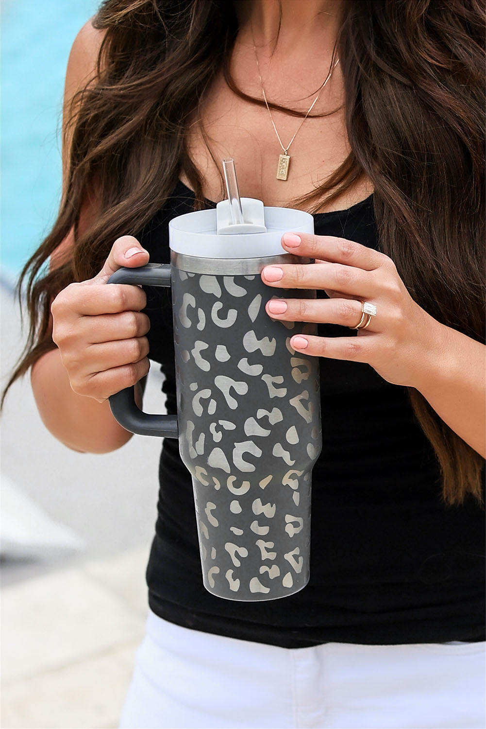 White 40oz Stainless Steel Portable Leopard Tumbler Mug With Handle