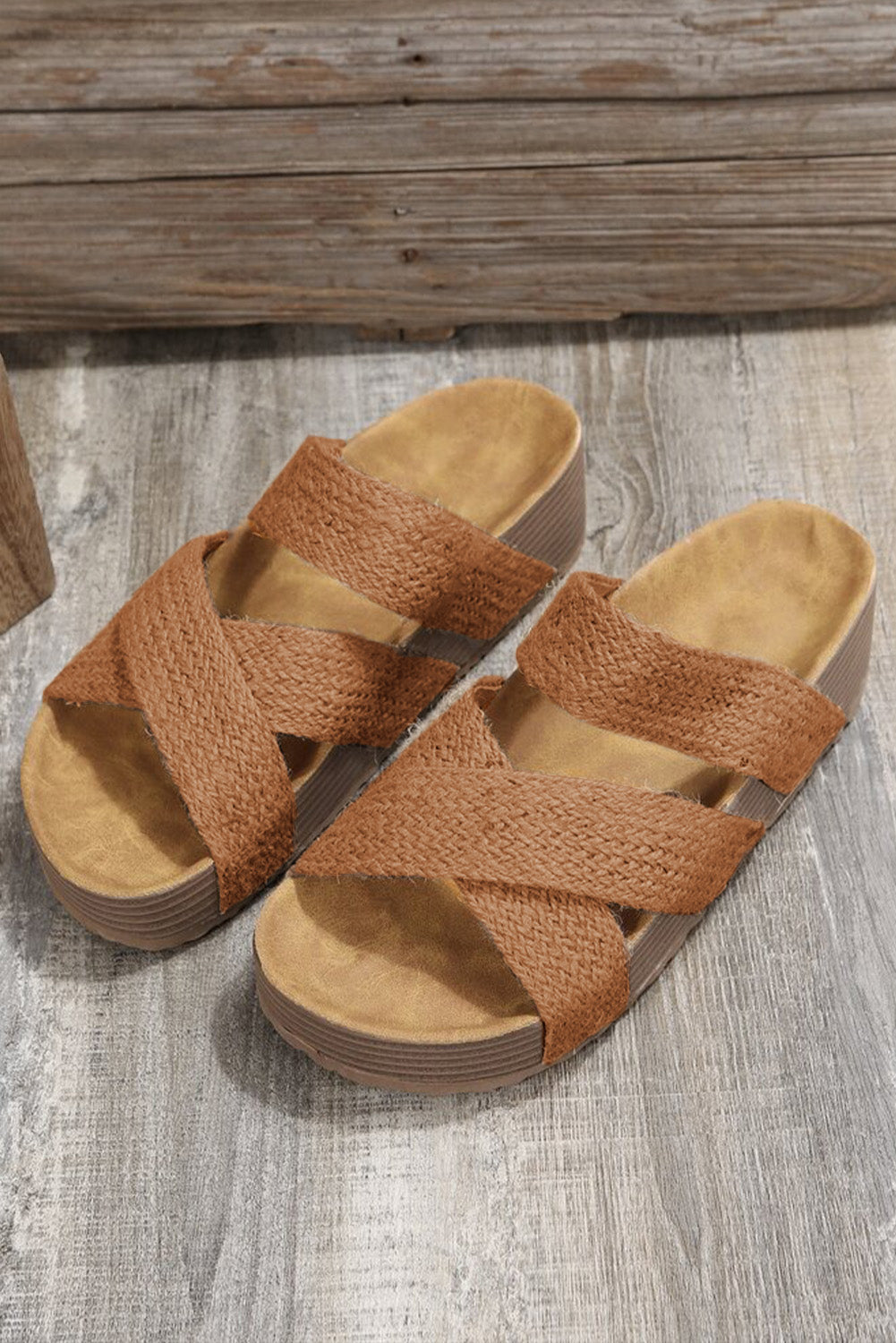 Beige Woven Criss Cross Strap Platform Slip-on Sandals