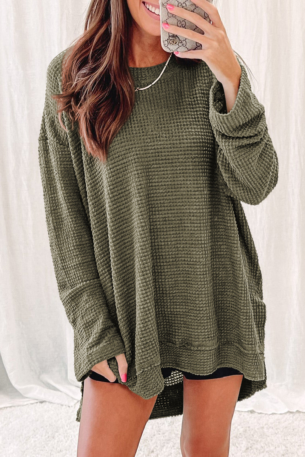 Khaki Plain Waffle Knit Drop Sleeve Side Slits Oversized Top