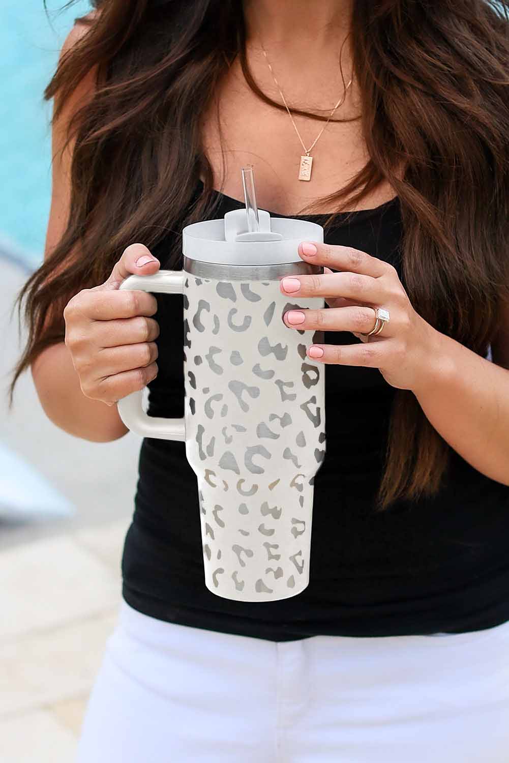 White 40oz Stainless Steel Portable Leopard Tumbler Mug With Handle