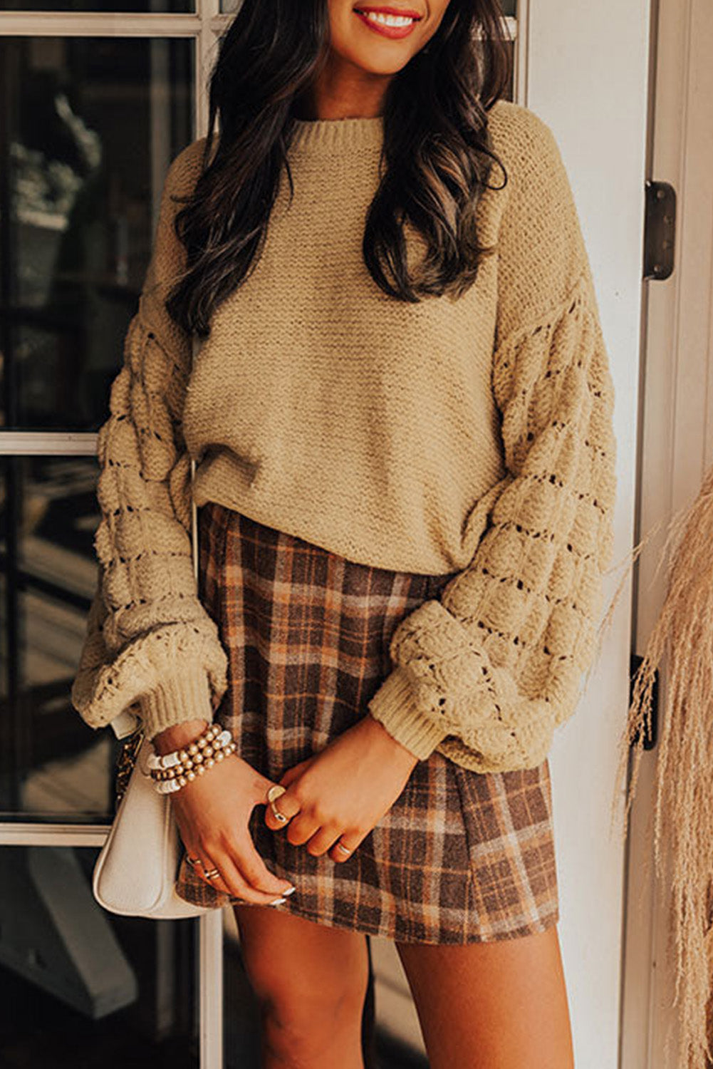 Rose Hollowed Long Sleeve Drop Sleeve Knit Sweater