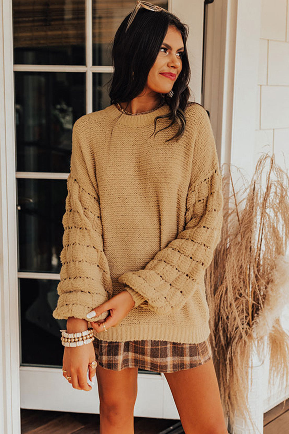 Rose Hollowed Long Sleeve Drop Sleeve Knit Sweater