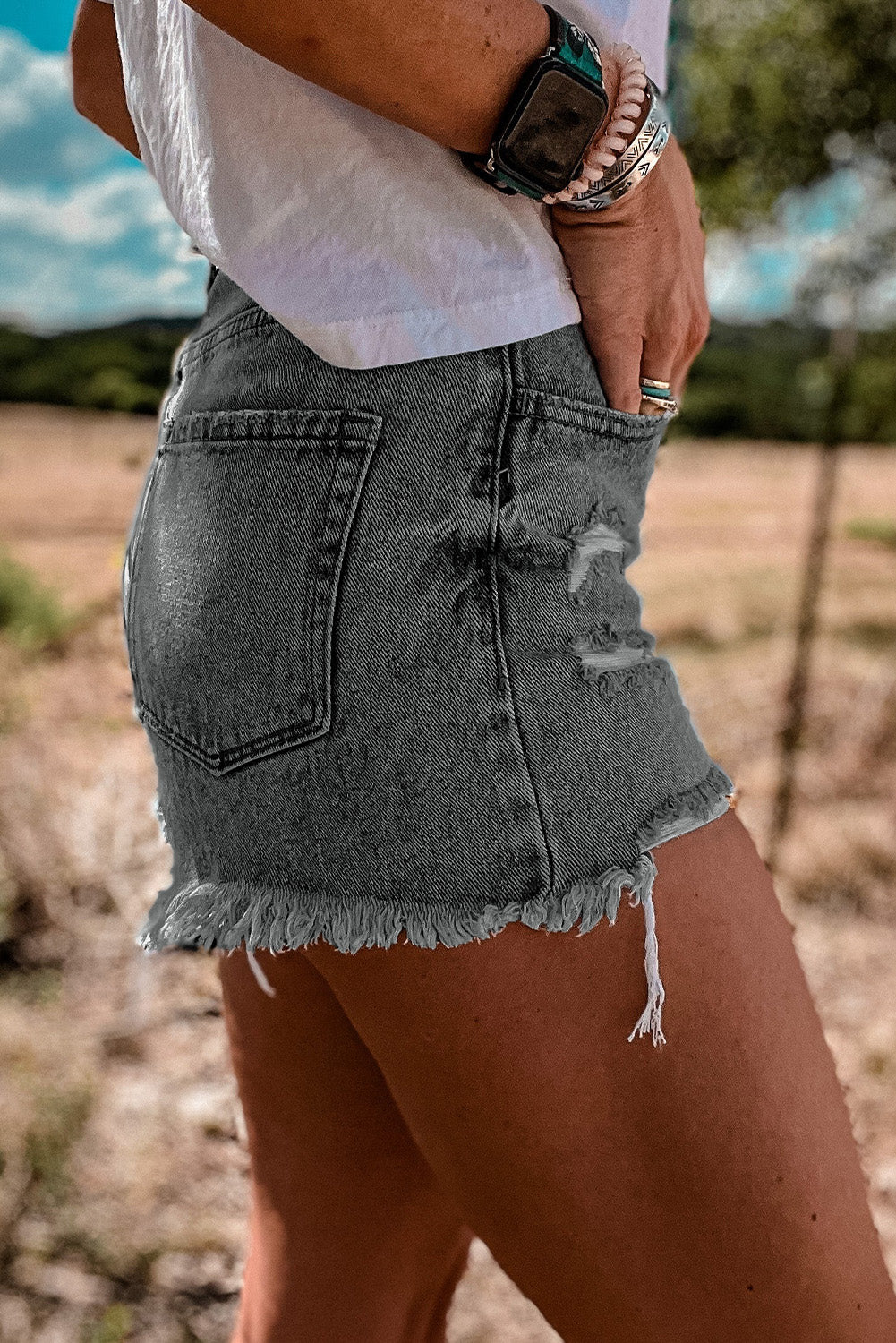 Black Crossover Waist High Rise Denim Shorts