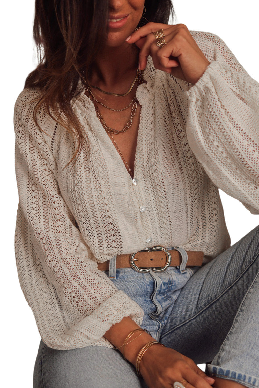 White Notch Neck Button Down Raglan Sleeve Crochet Top