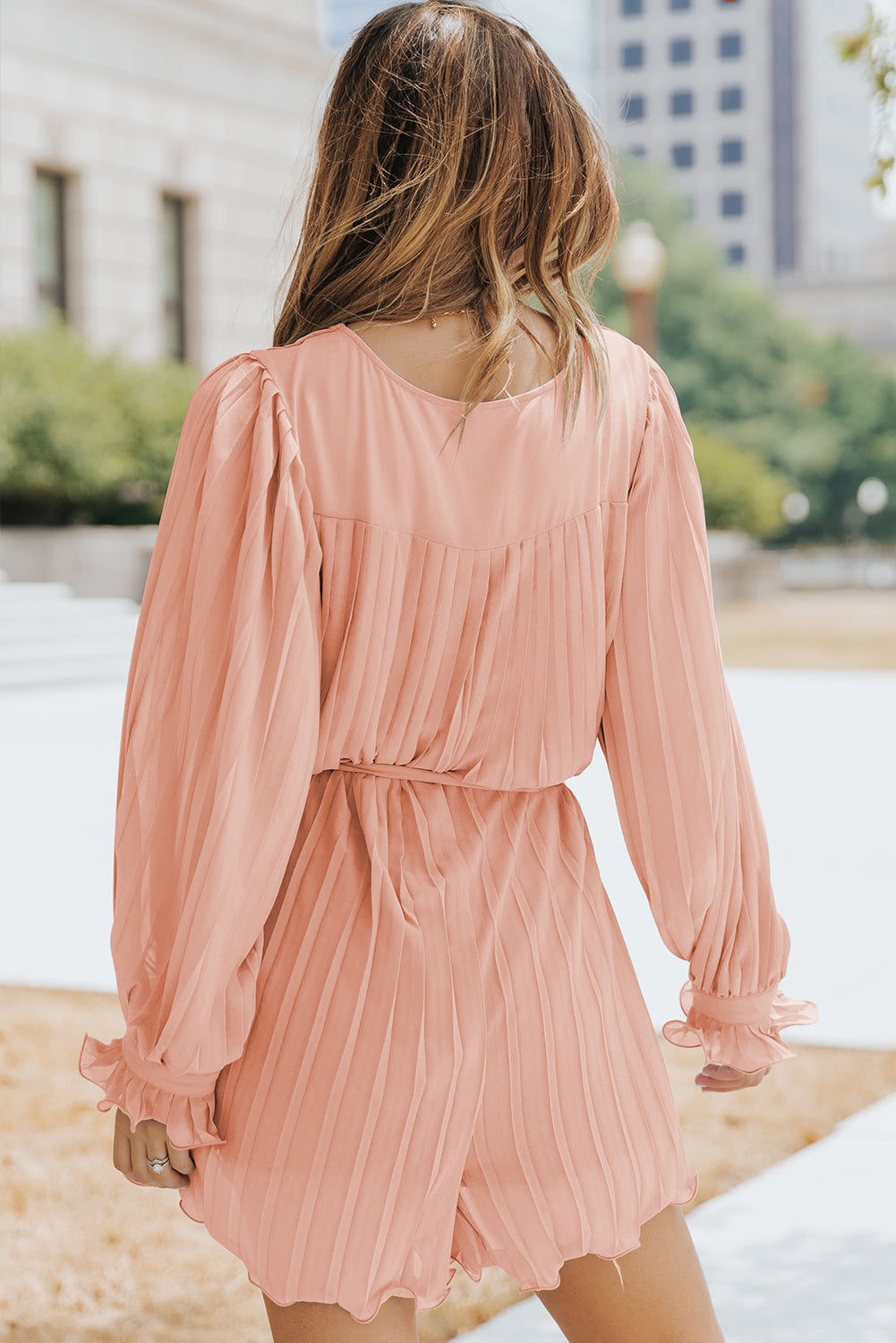 Pink Casual Pleated Ruffle Tie Waist Buttons V Neck Romper