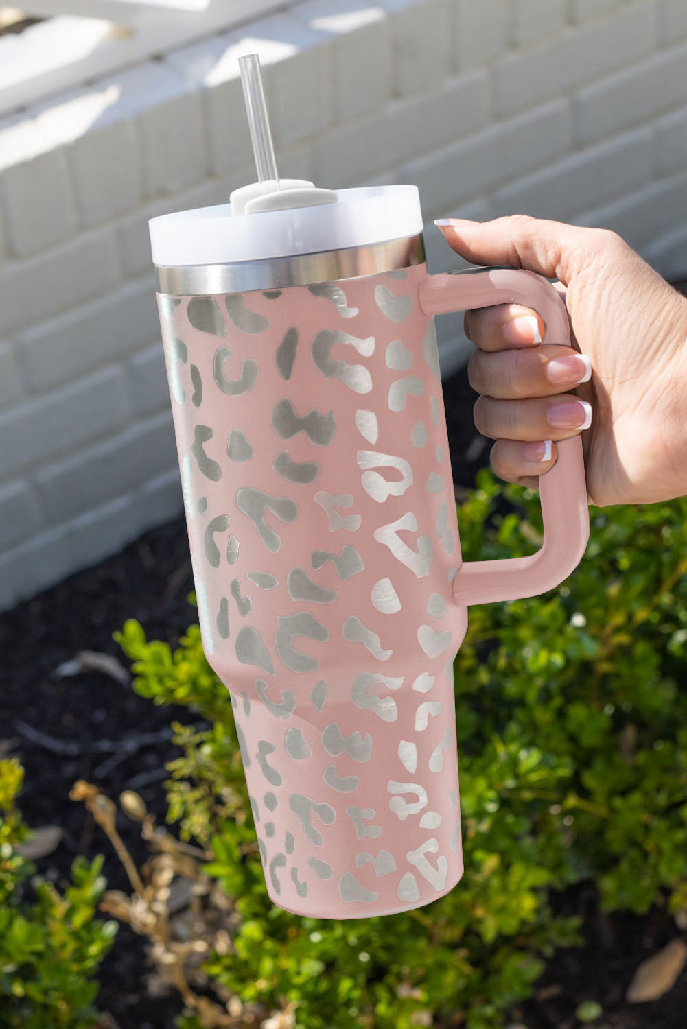 White 40oz Stainless Steel Portable Leopard Tumbler Mug With Handle