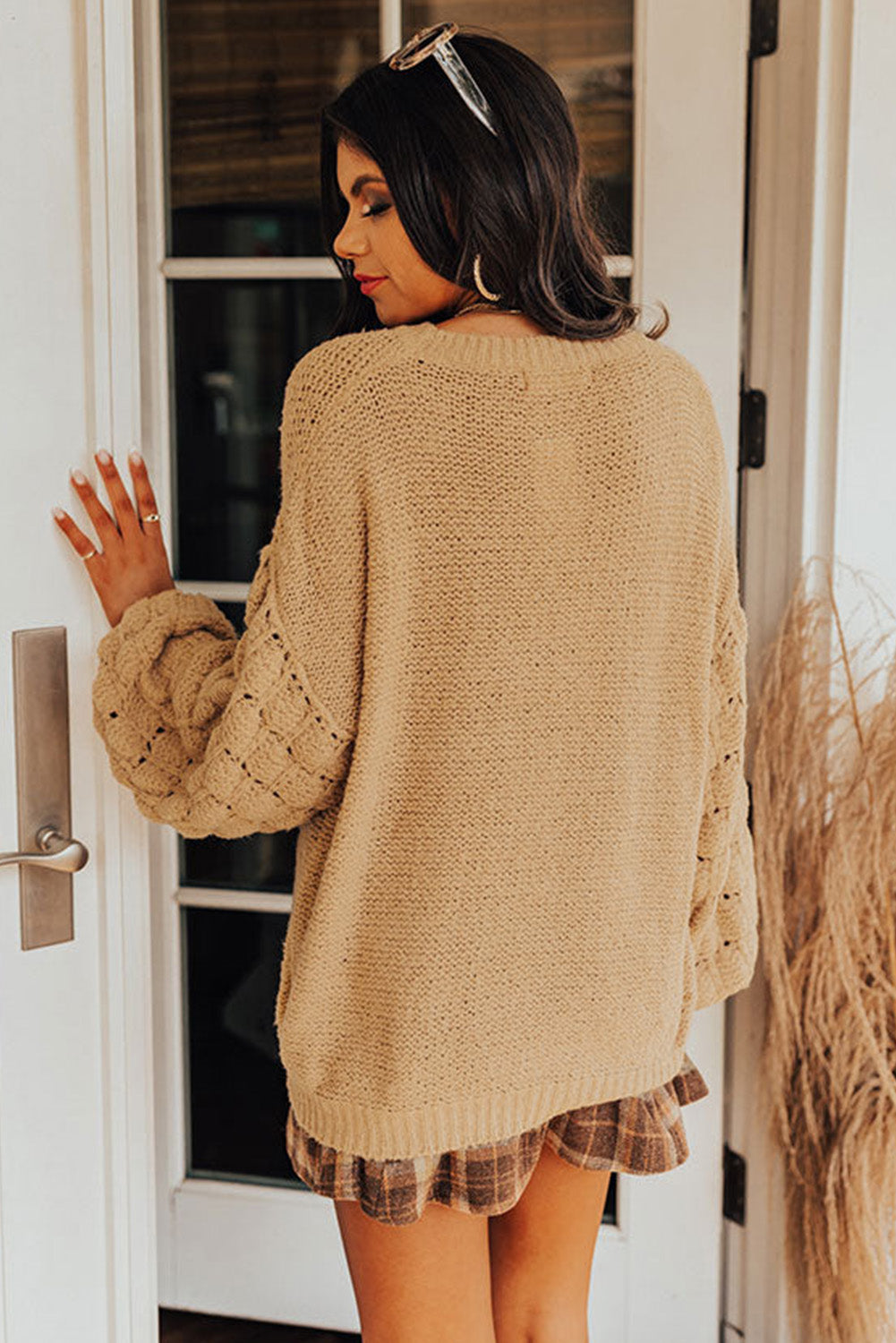 Rose Hollowed Long Sleeve Drop Sleeve Knit Sweater